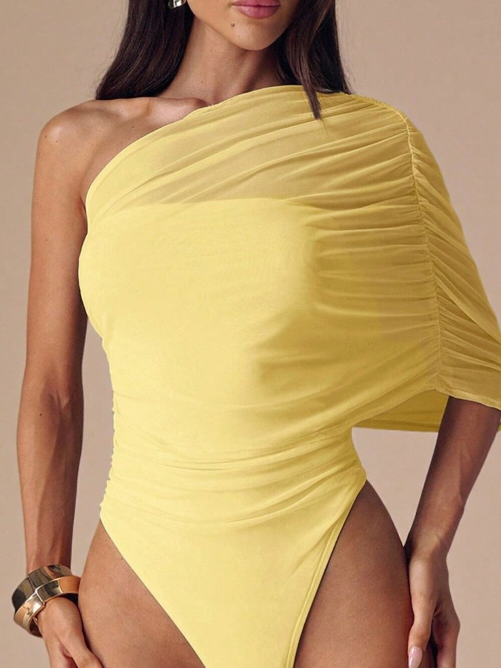Yellow Casual Women's Elegant Sheer Wrap Ruched Shoulder Asymmetric Bodysuit